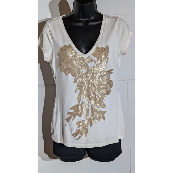 Express Tee T-Shirt Cream Gold Sequin Embellished V Neck Short Sleeve Medium - Picture 1 of 3